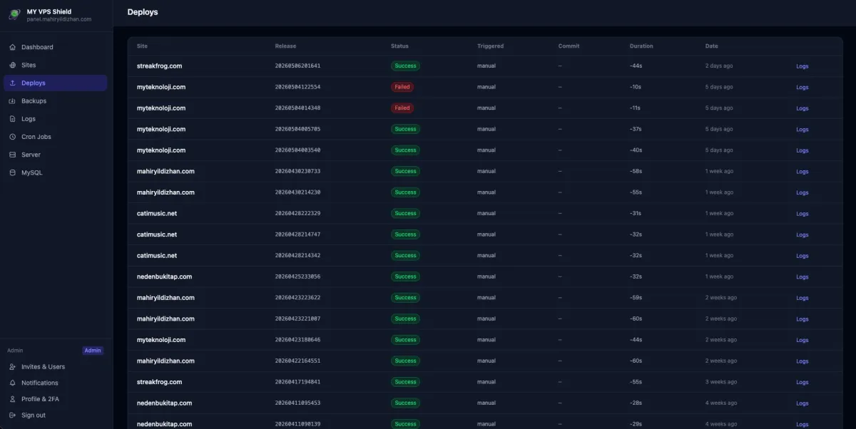 MY VPS Shield — Deploy geçmişi, release listesi ve rollback paneli