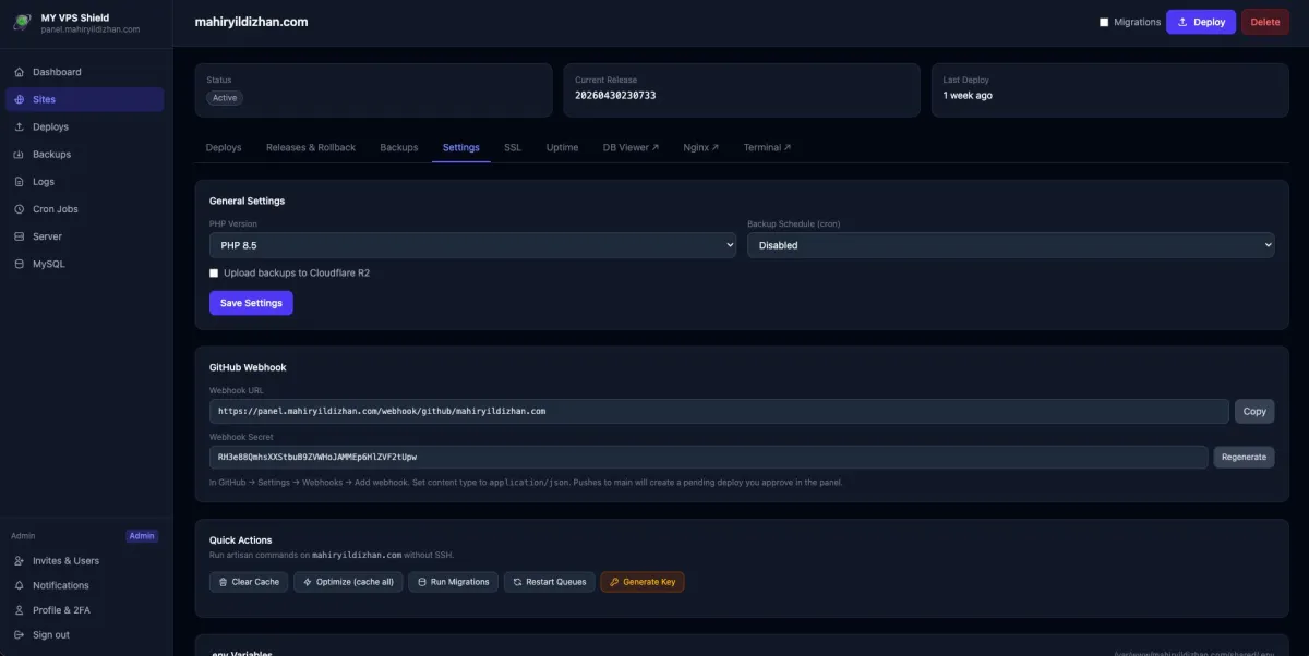 MY VPS Shield — Hızlı artisan komutları ve .env editörü